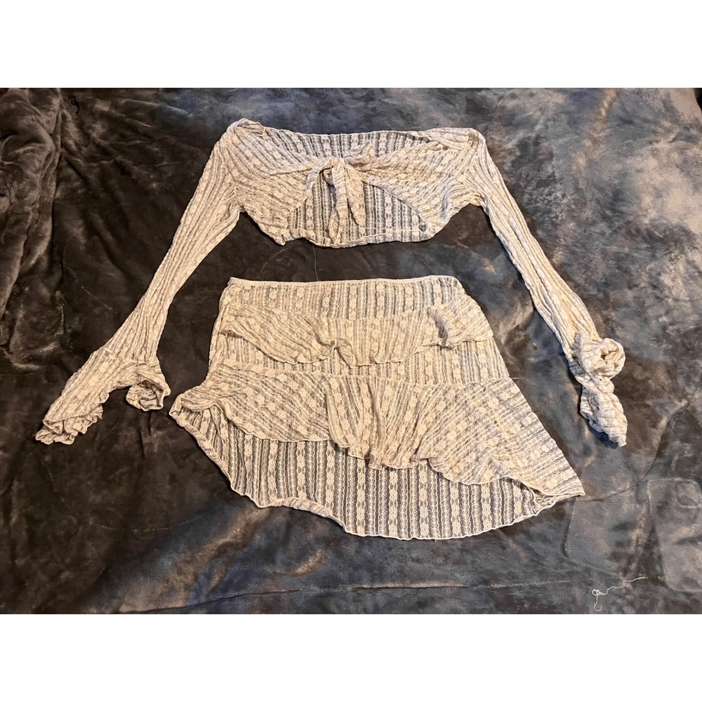 Cream Lace 2 Piece Beach Cover Up Set Tie Front Crop Top Ruffle Skirt XL